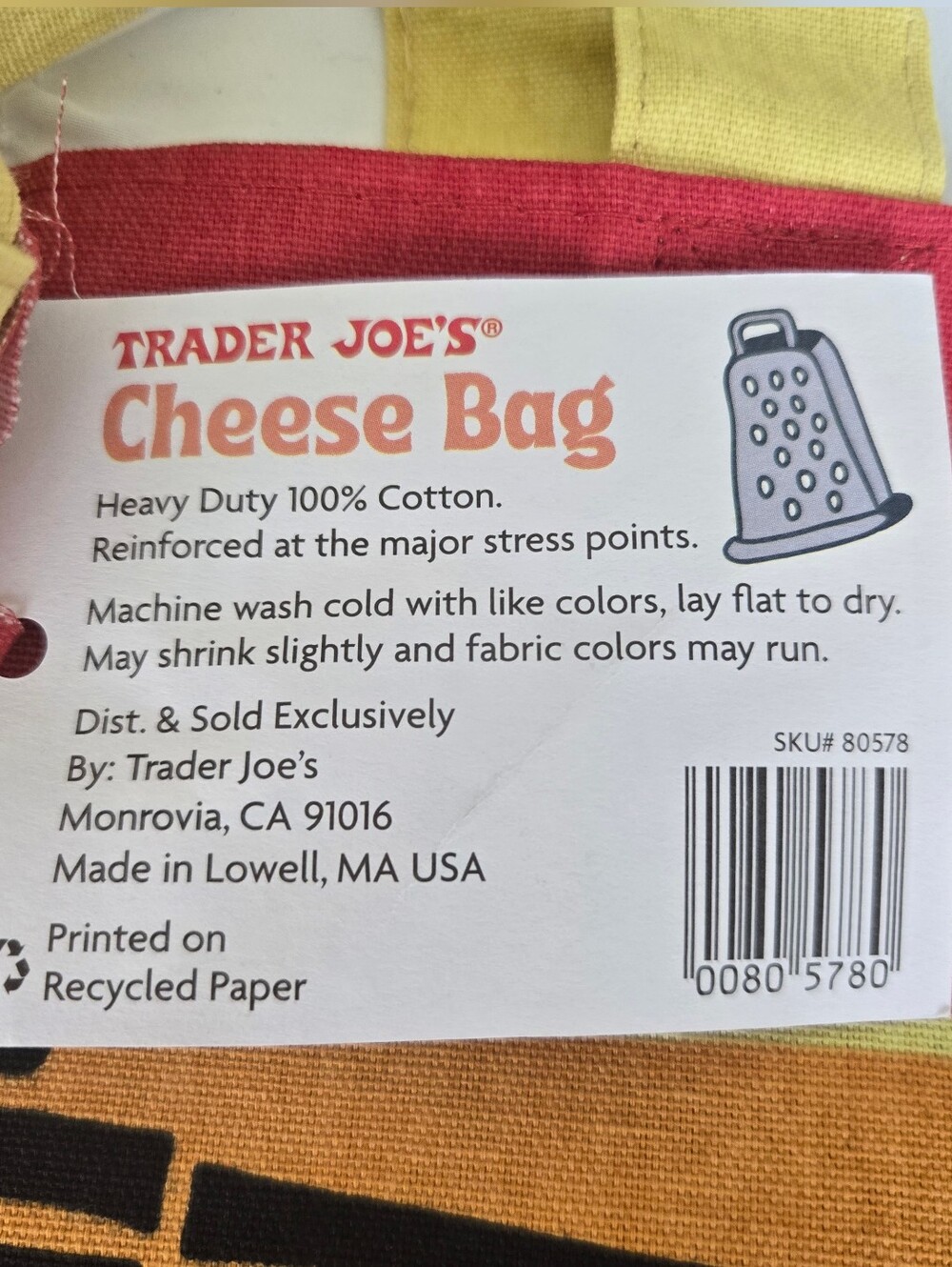 Trader's Joe Cheese Adventures Red Tote Bag with Yellow Handles